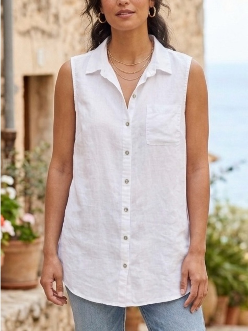 Sigrid Olsen 100% Linen Sleeveless Button Down Tunic Top White Size XL